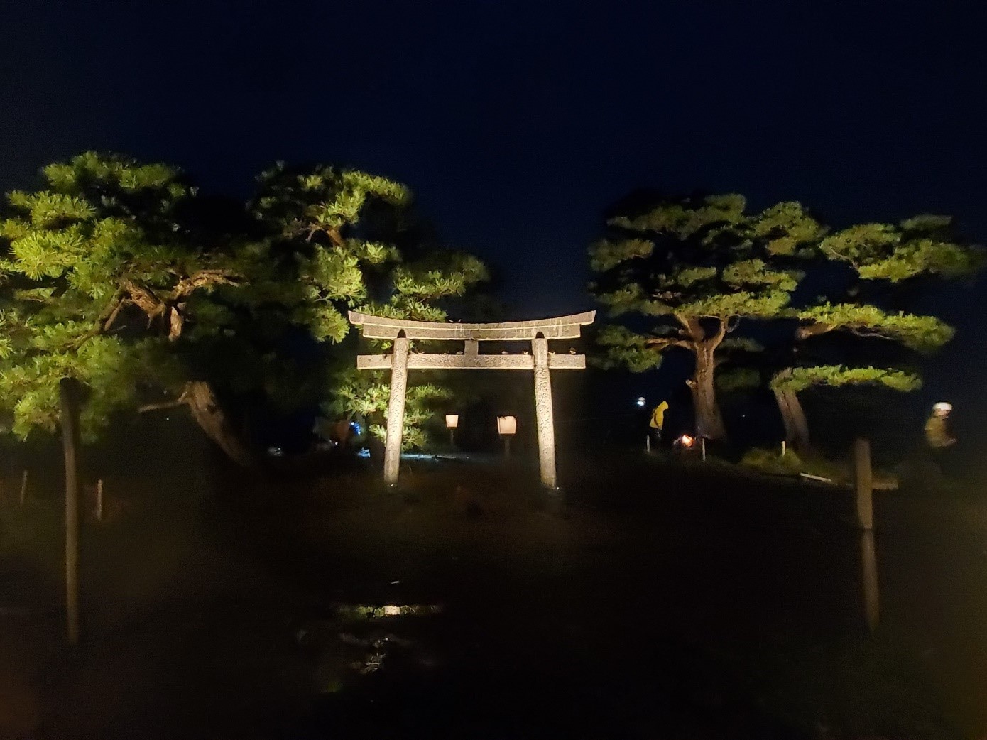 夜に白色にライトアップされた嫁ヶ島入り口の写真