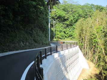 ブロック積や水路等がきれいに設置されたカーブ区間の才軽尾線道路の写真