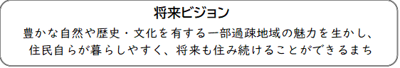 将来ビジョン 豊かな自然や歴史・文化を有する一部過疎地域の魅力を生かし、住民自らが暮らしやすく、将来も住み続けることができるまち