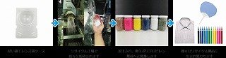 使い捨てレンズの空ケースがリサイクル工場で粉砕・加工されて再生ポリプロピレンとなり様々なリサイクル商品に使われていることを説明している写真