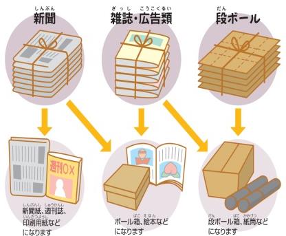 新聞は新聞紙や週刊誌、印刷用紙、ボール箱、絵本などに、雑誌・広告類はボール箱や絵本、段ボール箱、紙筒などに、段ボールは段ボール箱や紙筒などに再利用されることを示す画像