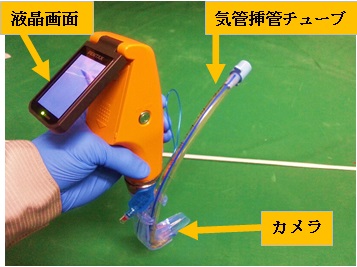 液晶画面で確認しながら気管挿管チューブにカメラを挿入しているビデオ喉頭鏡の写真