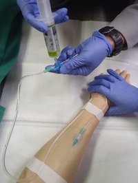 静脈路確保を行い、模型の腕にテープで止められたチューブに注射器で輸液を注入している写真