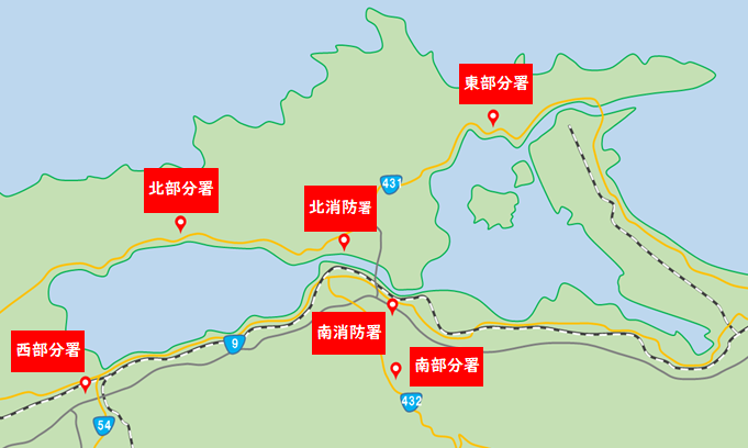 松江市内にある消防署の位置が記載された地図