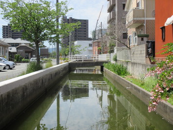 両側に住宅街が見える水路護岸の嵩上げを行った黒田町雨水渠の写真