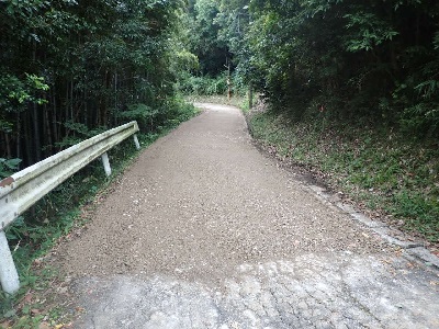 緊急の復旧工事が行われ平らな土の路面になった道路の写真