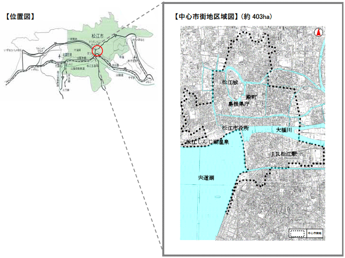 松江市中心市街地の位置及び各区域を示した地図