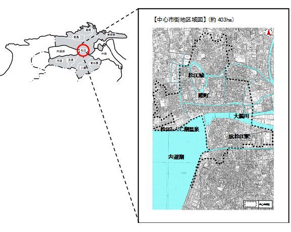 松江市中心市街地の位置及び各区域を示した地図