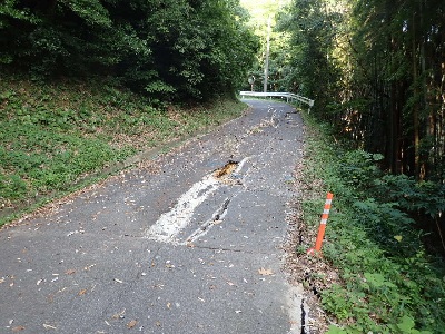 道路の舗装が割れ、中央に窪地が出来ている様子の写真