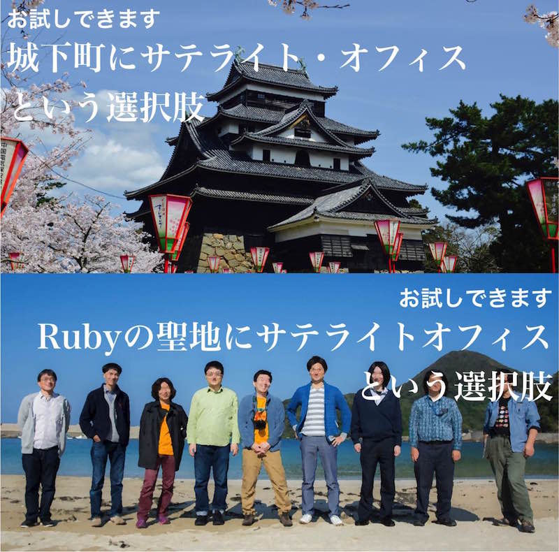 左側に桜が写る、松江城を見上げる形で撮影した写真（上）と浜辺に9人の男性が並んで立っている写真（下）