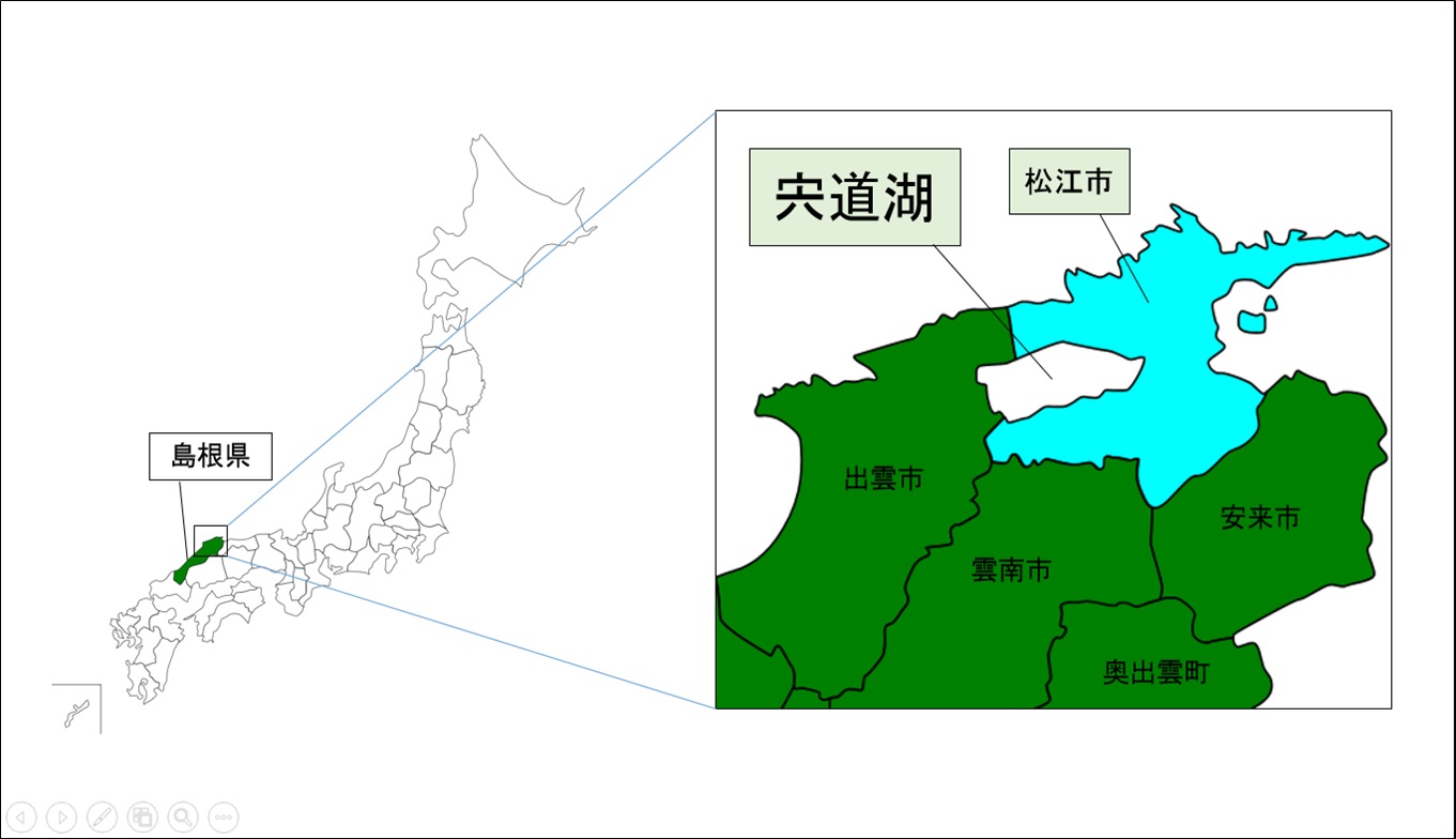島根県を緑色、松江市を水色で囲ってあり、宍道湖を指した位置図