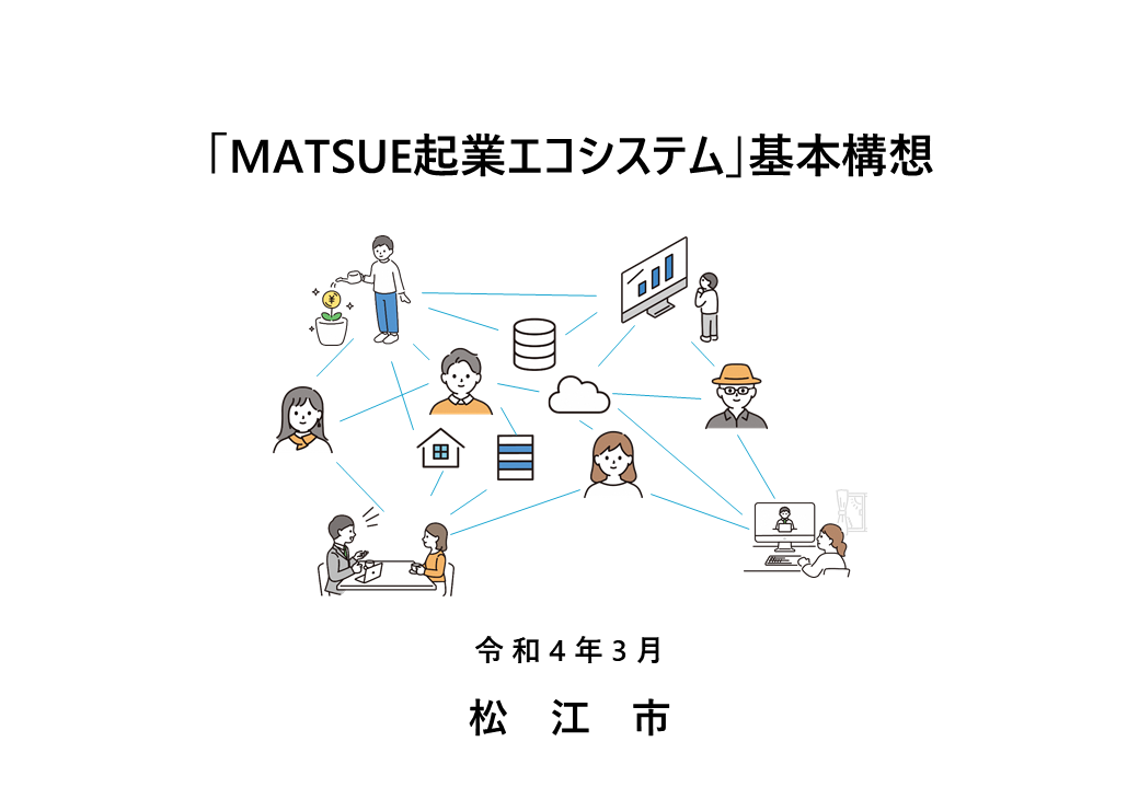令和4年3月日付の、松江市が作成した「MATSUE起業エコシステム」基本構想資料の表紙の画像で、人やモノがネットワークでつながっている様子を表現した絵が描かれている。