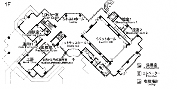 各部屋の名称が日本語と英語で記載されている松江市国際交流会館1階のフロアマップ