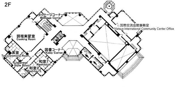 各部屋の名称が日本語と英語で記載されている松江市国際交流会館2階のフロアマップ