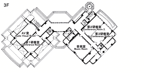 各部屋の名称が日本語と英語で記載されている松江市国際交流会館3階のフロアマップ