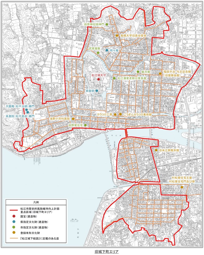 旧城下町エリアが赤枠で囲まれた地図