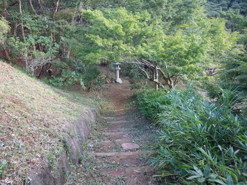 除草されてきれいになった土手と道の先に石灯籠が写っている、施工後の池の土手門の写真