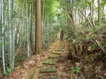 竹林の中にある飛び石の道が落ち葉で覆われている施工前の園路の写真