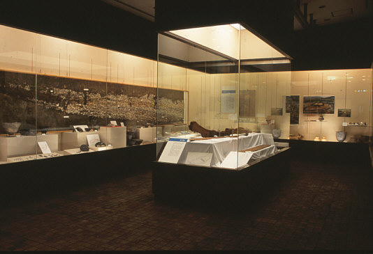 遺跡の出土品などが並べて置かれたガラスのショーケースがある展示室の写真