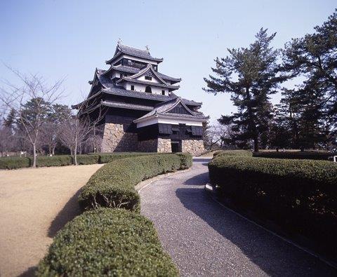 両側に植栽が施された松江城へ続く道とその奥に見える松江城天守の写真