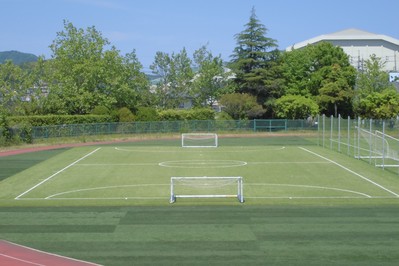 奥に木々が生い茂る芝生の生えたサッカーフィールドをゴールの後ろから撮影した写真