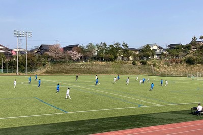 芝生の生えたサッカーフィールドで白と青のユニフォームを纏ったサッカー選手がサッカーをしている写真