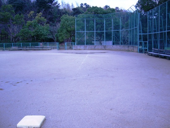 フェンスの奥に生い茂る森林を背景に、野球場を3塁側からホームベースに向かって撮影した写真