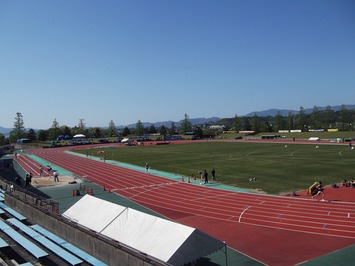 青い空を背景に、中央に芝生の生えたグラウンドとその周囲を囲む赤い8レーンの競走用トラックのある競技場を、斜めから撮影した写真