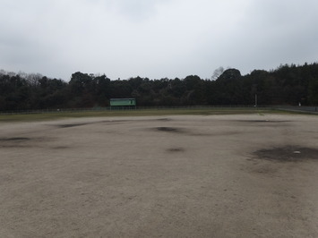 くもり空の下、玉湯野球場のグラウンドを撮影した写真、奥に生い茂った木々が見える