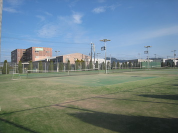 青い空を背景に、奥に茶色のビルが見え、手前をフェンスに囲まれた3面からなる人工芝のテニスコートを撮影した写真