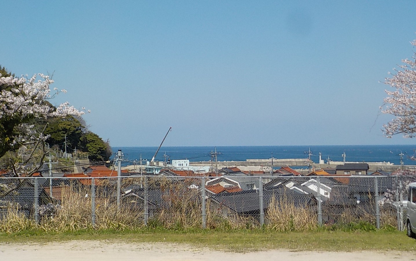 正面奥に青空と水平線があり、左奥に緑の生い茂った山がある。画像中央に御津の港と赤と黒の瓦屋根の町並み。手前の中央にグラウンドとフェンス、左右両脇に桜の木がある。