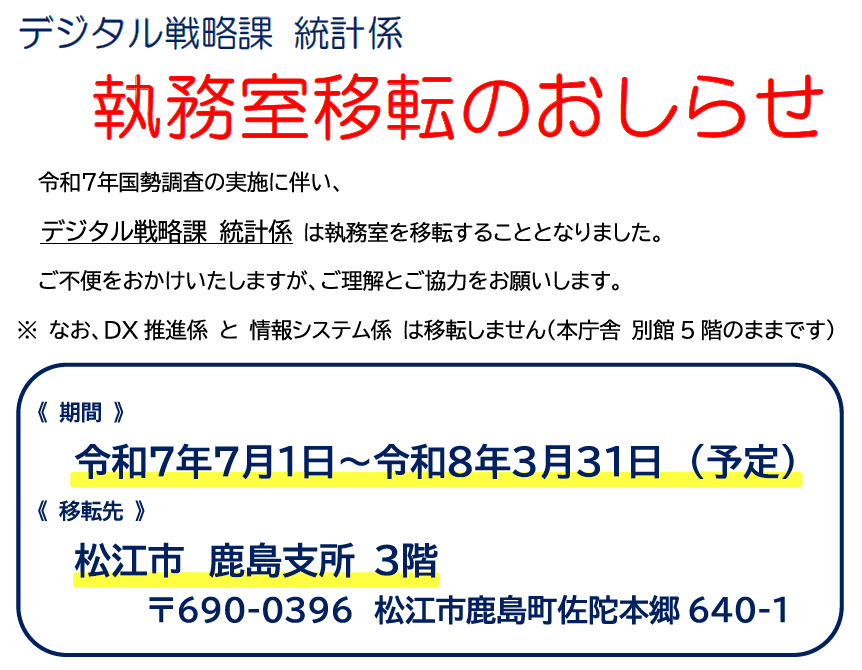 令和7年国勢調査の実施に伴い、令和７年７月１日～令和８年３月３１日の間、デジタル戦略課統計係は鹿島支所３階に執務室を移転することとなりました。