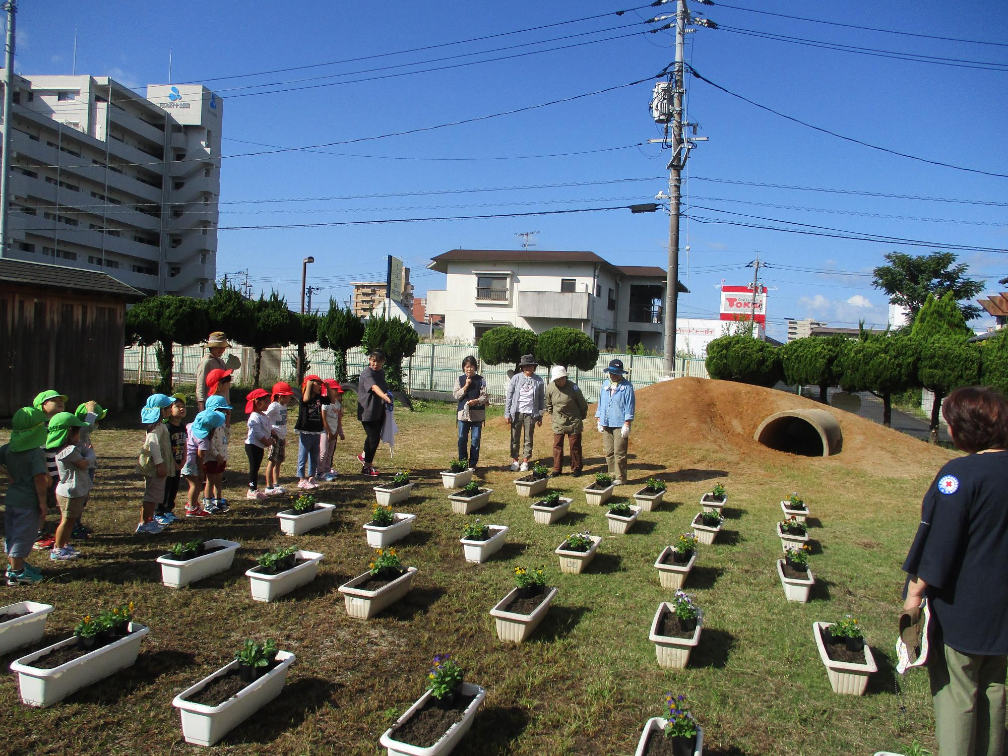 さわやかな秋晴れの下、地域の方とたくさんの花苗を植えました。