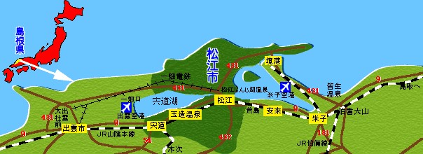 松江市の位置が描かれた地図のイラスト