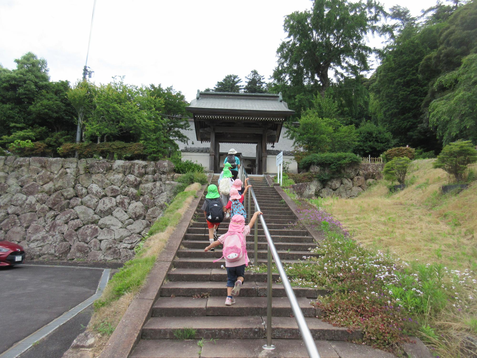 お寺の階段を1列に並んでてすりを持って上っているこどもたち。