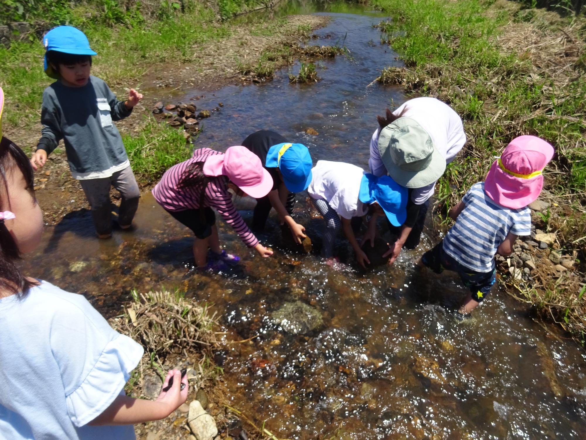 力を合わせて石を積み水の流れを変えよう！！