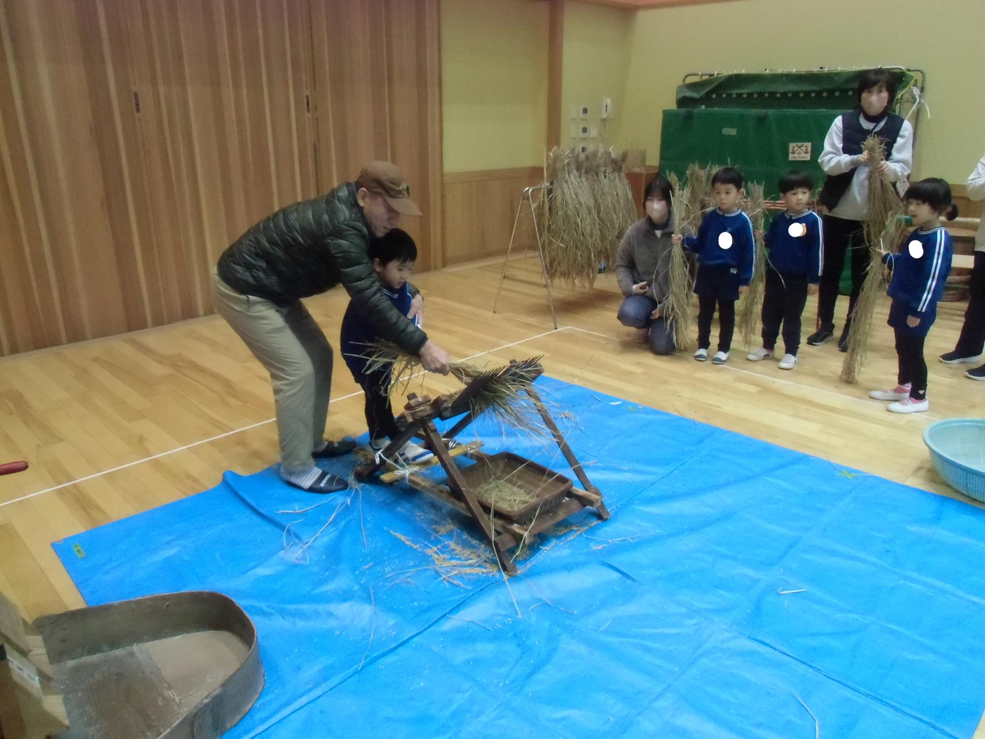 千歯こきをする様子