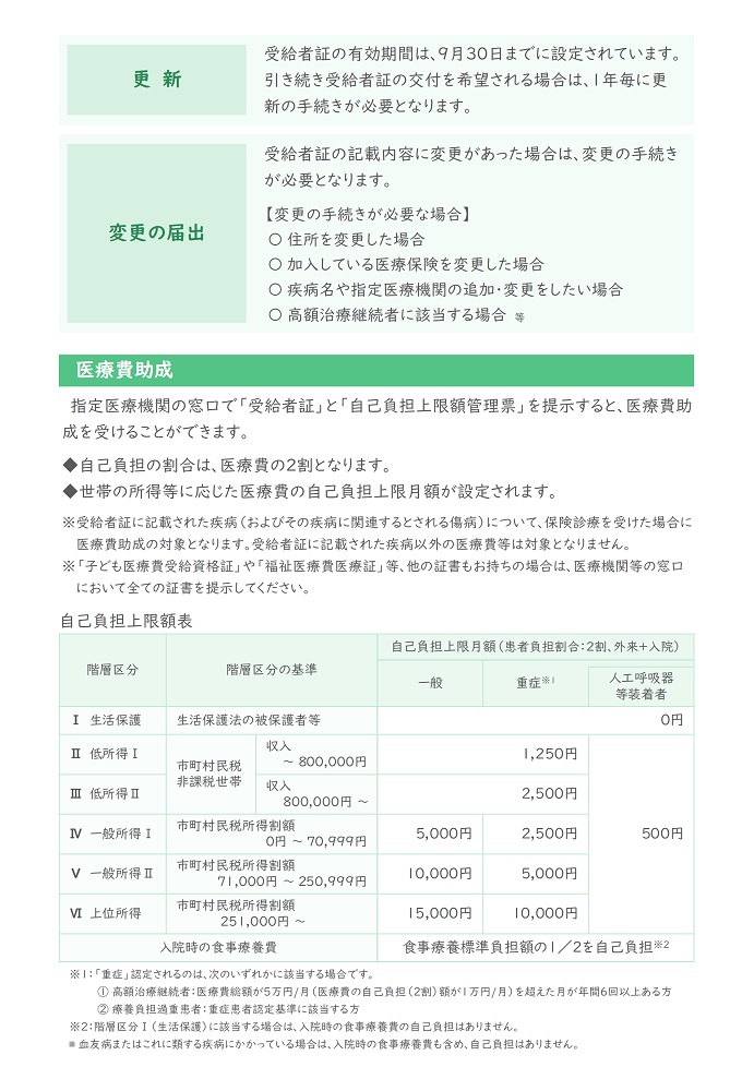 指定医療機関の窓口で「受給者証」と「自己負担上限額管理票」を提示すると、医療費助成を受けることができます。