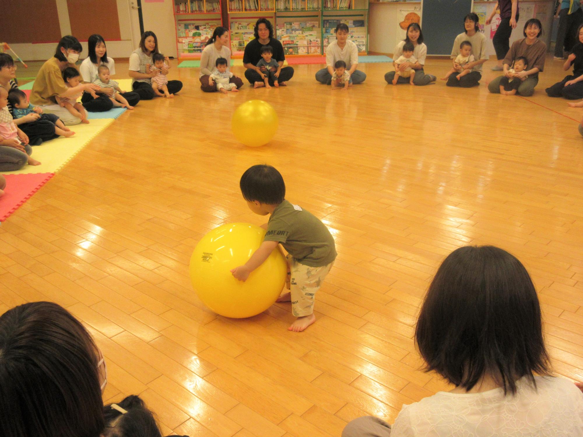 大玉転がしで、大玉を追いかけるこどもや手をなばして触ろうとしたり、親子で楽しんでいる様子