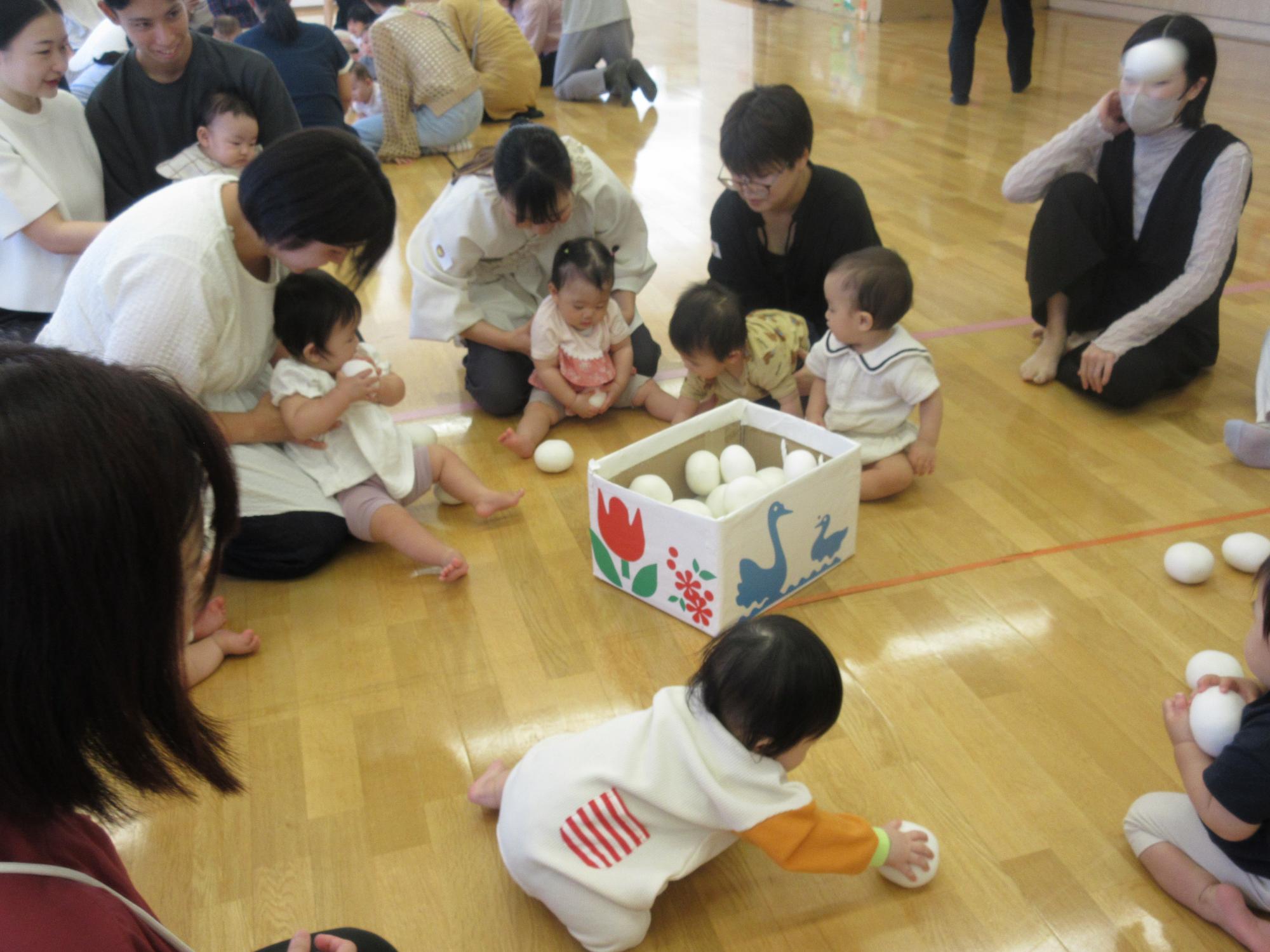 玉入れ競技に参加している親子、地面においてある箱に入れようとしたり入った球を出したり、いろいろな姿が見られた