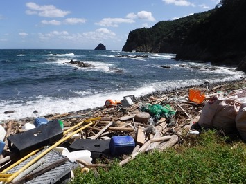 漂着した様々なゴミが積み重なっている海岸の写真