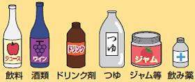 空きびんのイラスト。左から横一列に、飲料、酒類、ドリンク剤、つゆ、ジャム等の食品、飲み薬の空きびんが描かれている。