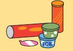 黄色い背景に、赤色や橙色の筒状をした容器や緑色や青色のアイスクリーム容器が描かれたイラスト