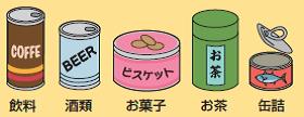 空き缶のイラスト。左から横一列に、飲料、酒類、お菓子、お茶、缶詰の空き缶が描かれている。