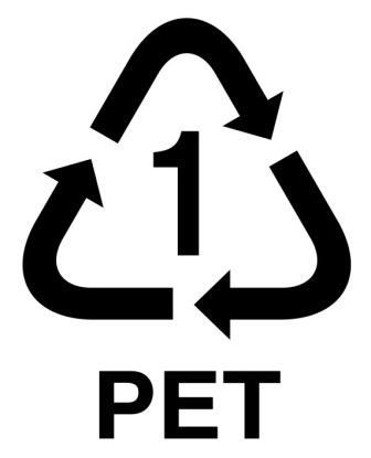 ペットボトルのリサイクルマーク。中心に数字の1の文字が書かれており、その文字を囲むように三本の矢印が三角の形を成し、そして矢印の下に英字でPETと書かれているマークの画像。