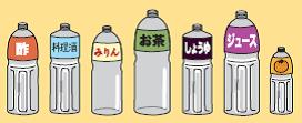 ペットボトルのイラスト。左から横一列に、酢、料理酒、みりん、お茶、しょう油、ジュースの空いたペットボトルが描かれている。
