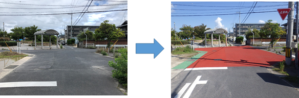 道路上に徐行・減速を促す赤茶色のペイントをする前と後の比較をした写真
