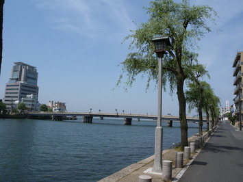 松江大橋を背景に、大橋川沿いにある屋根がついた街灯と柳の写真