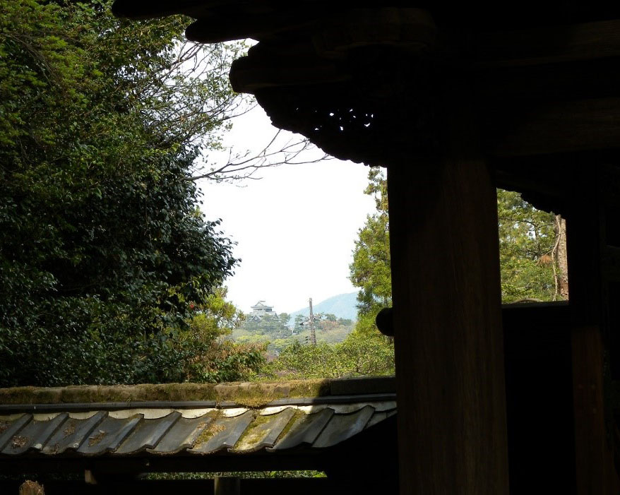 木々の間から見える松江城の写真
